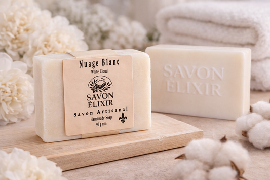 Savon artisanal Nuage Blanc sans parfum – très doux pour corps et visage, adapté aux peaux sensibles et après-rasage, fait main, biodégradable et végan, Savon Élixir Québec