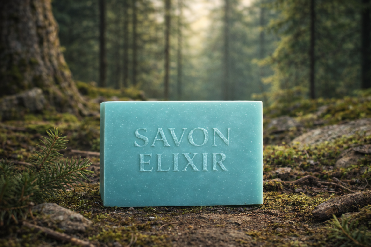 Savon artisanal Forêt Boréale – parfum frais et boisé inspiré des sous-bois du Québec, avec notes de bois de santal, bergamote et sauge, nettoie et hydrate en douceur, fait main, biodégradable et végan, Savon Élixir Québec