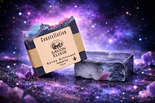Savon artisanal Constellation – édition signature parfum délicat, savon fait main hydratant pour corps et visage, biodégradable et végan, collection classique Savon Élixir Québec