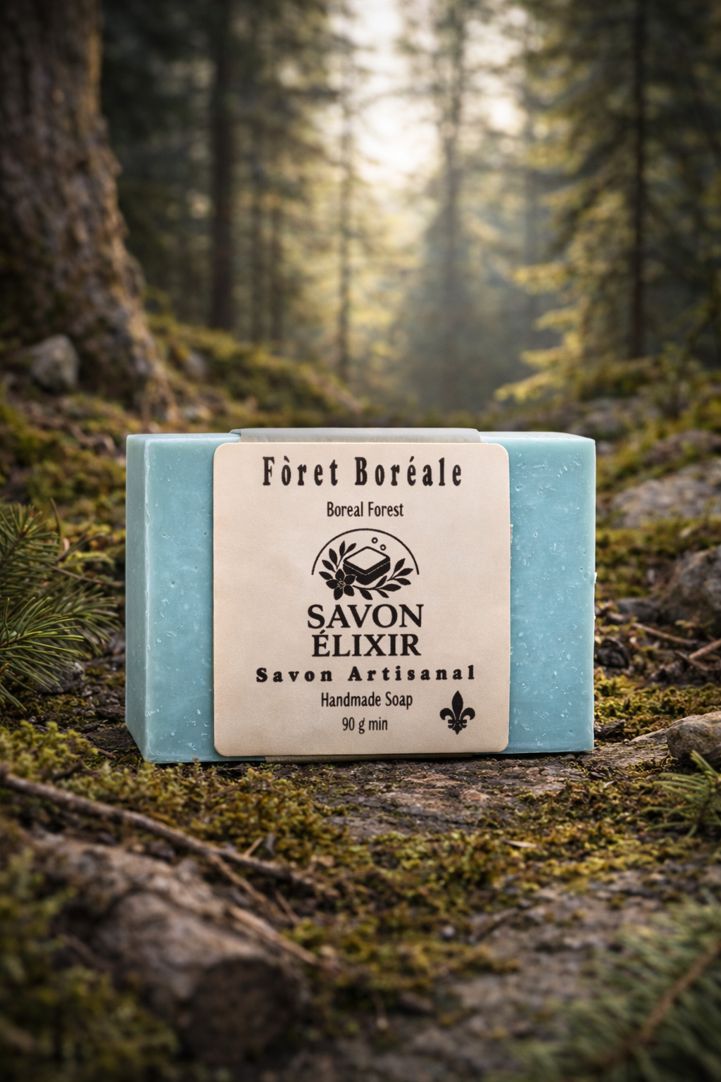 Savon artisanal Forêt Boréale – parfum frais et boisé inspiré des sous-bois du Québec, avec notes de bois de santal, bergamote et sauge, nettoie et hydrate en douceur, fait main, biodégradable et végan, Savon Élixir Québec