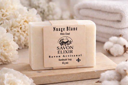 Savon artisanal Nuage Blanc sans parfum – très doux pour corps et visage, adapté aux peaux sensibles et après-rasage, fait main, biodégradable et végan, Savon Élixir Québec