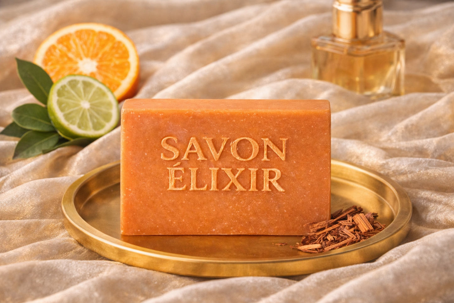 Savon artisanal Orange Tonique – frais et énergisant parfum agrumes avec orange, bergamote et santal, nettoie en douceur et revitalise la peau, fait main, biodégradable et végan, Savon Élixir Québec