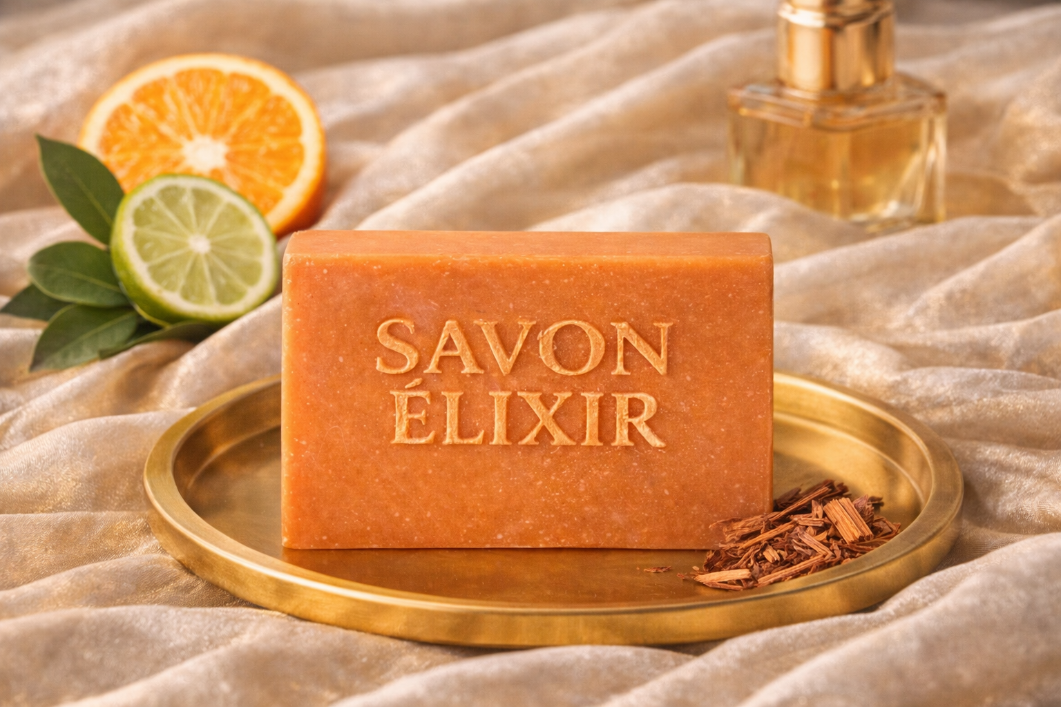 Savon artisanal Orange Tonique – frais et énergisant parfum agrumes avec orange, bergamote et santal, nettoie en douceur et revitalise la peau, fait main, biodégradable et végan, Savon Élixir Québec