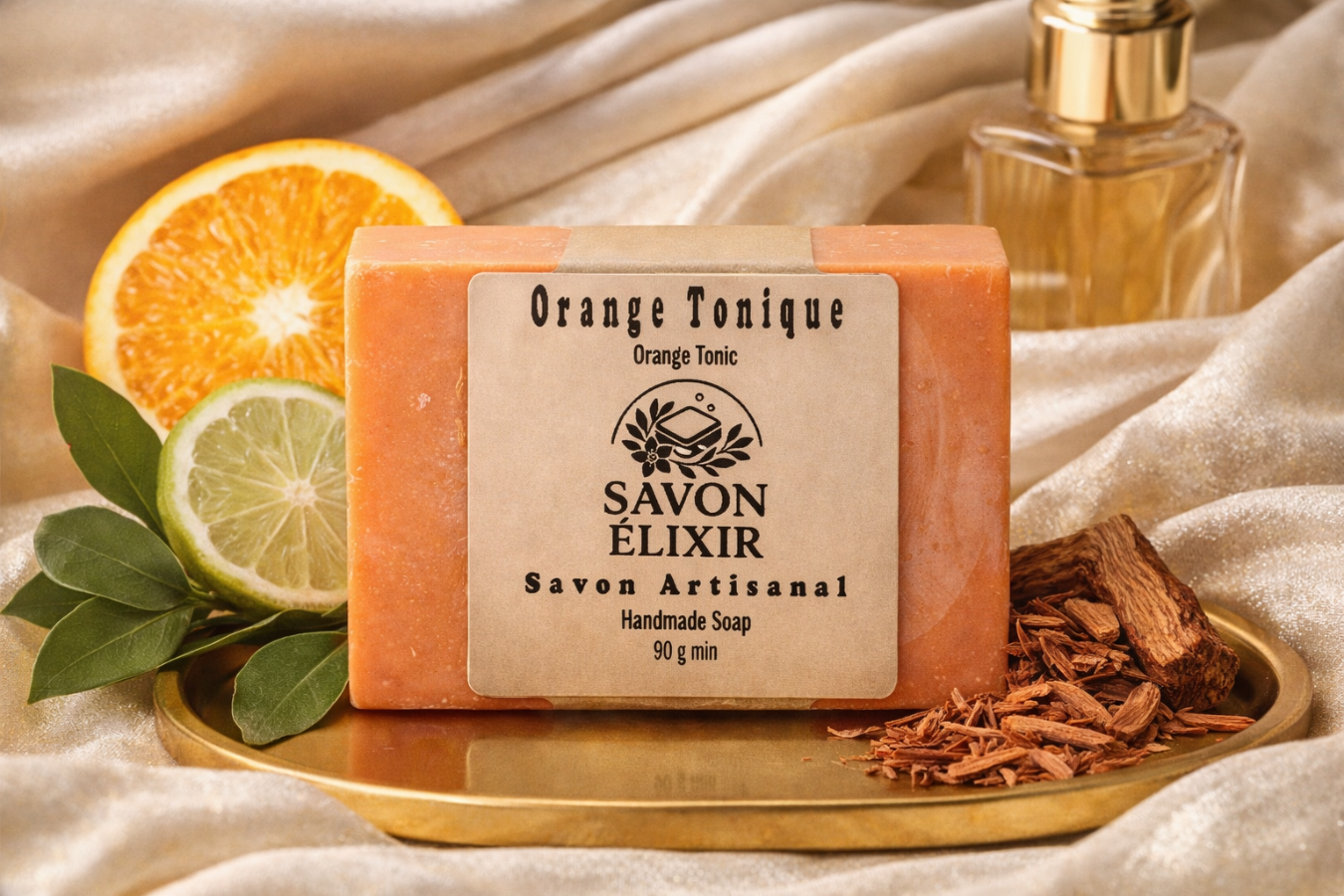 Savon artisanal Orange Tonique – frais et énergisant parfum agrumes avec orange, bergamote et santal, nettoie en douceur et revitalise la peau, fait main, biodégradable et végan, Savon Élixir Québec