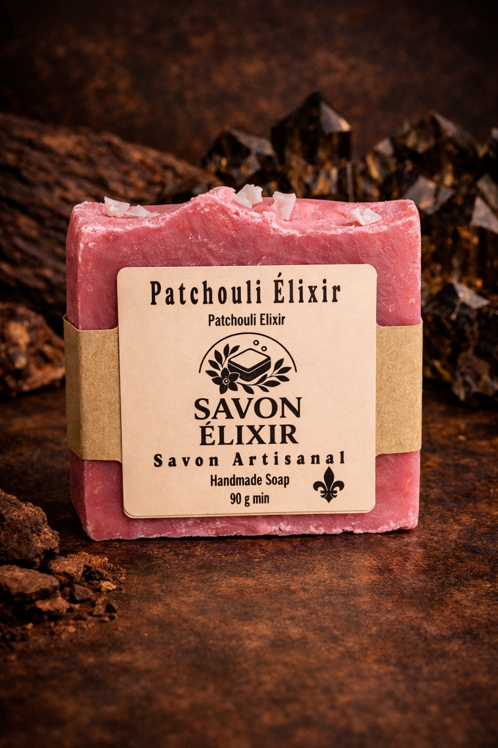 Savon artisanal Patchouli Élixir – douceur botanique parfum patchouli, bergamote et lavande, savon fait main hydratant pour corps et visage, biodégradable et végan, Savon Élixir Québec