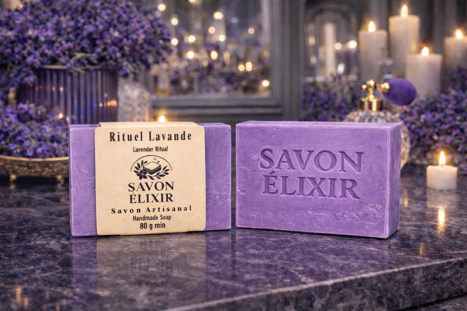 Savon artisanal Rituel Lavande – détente florale à la lavande et eucalyptus, nettoie en douceur, fait main, biodégradable et végan, Savon Élixir Québec