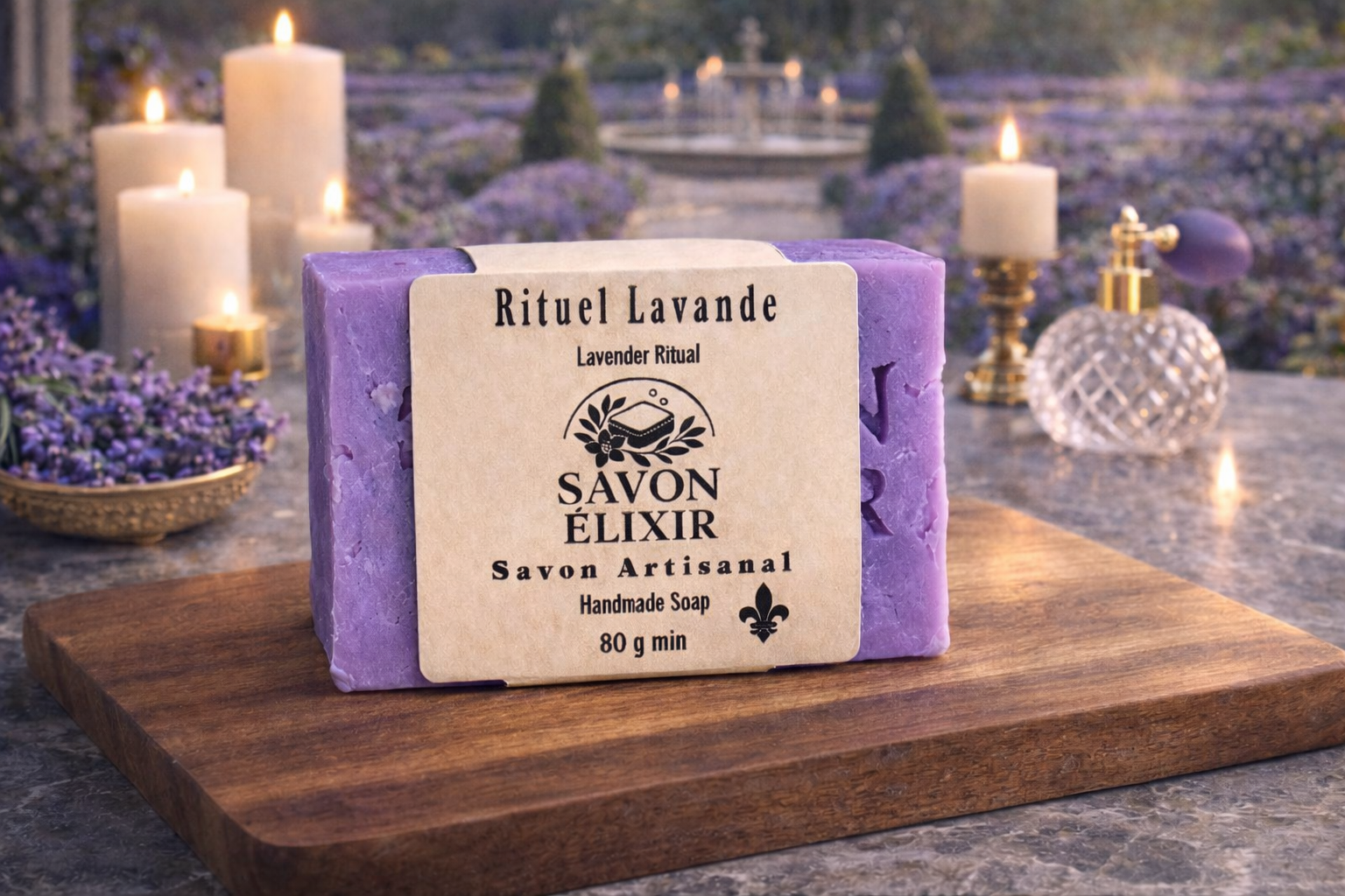 Savon artisanal Rituel Lavande – détente florale à la lavande et eucalyptus, nettoie en douceur, fait main, biodégradable et végan, Savon Élixir Québec