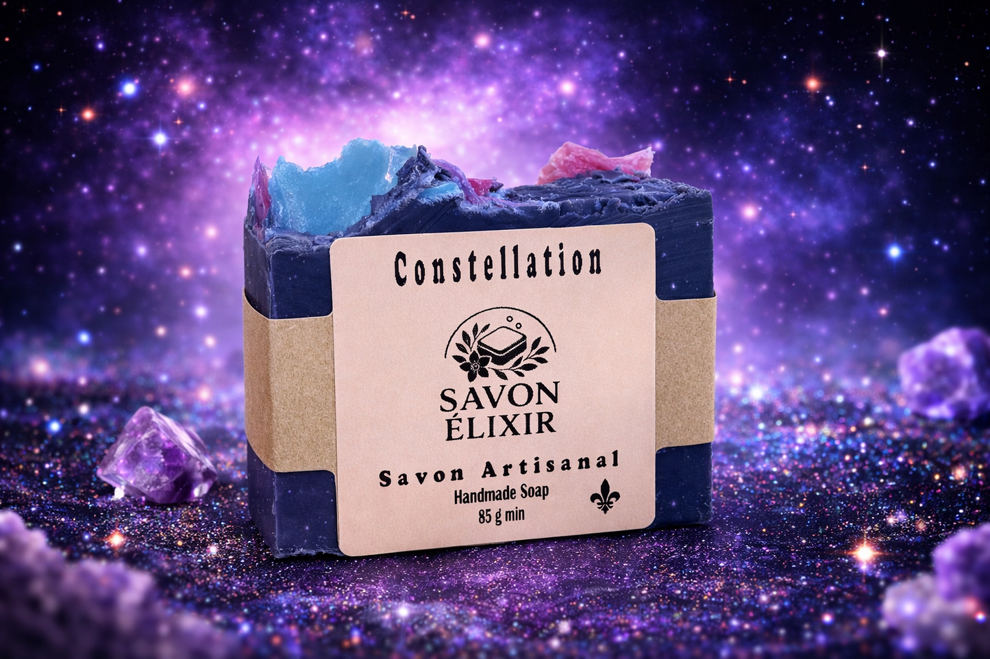 Savon artisanal Constellation – édition signature parfum délicat, savon fait main hydratant pour corps et visage, biodégradable et végan, collection classique Savon Élixir Québec